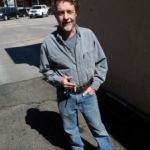 John Patterson smoking in downtown Ft. Collins. John Patterson of Tiny Hemp Houses.